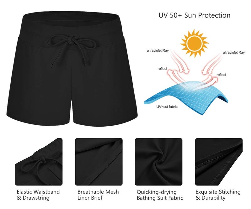 ChinFun Board Shorts Women's Swimswear Tankini Swim Briefs Side Split Swimsuit Bottom Waistband Stretch Boardshorts Beach Trunks Inner Lining Black Size S - Image 5